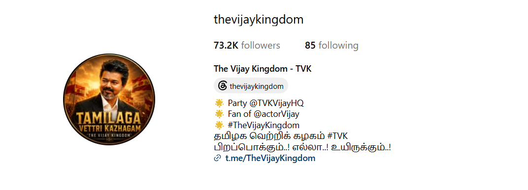 The Vijay Kingdom – TVK Instagram profile with 73.2K followers