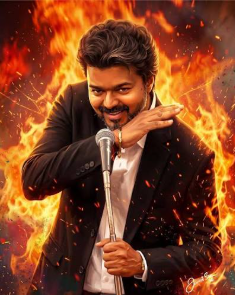 Illustrated portrait of Actor Vijay used as the TVK campaign mark
