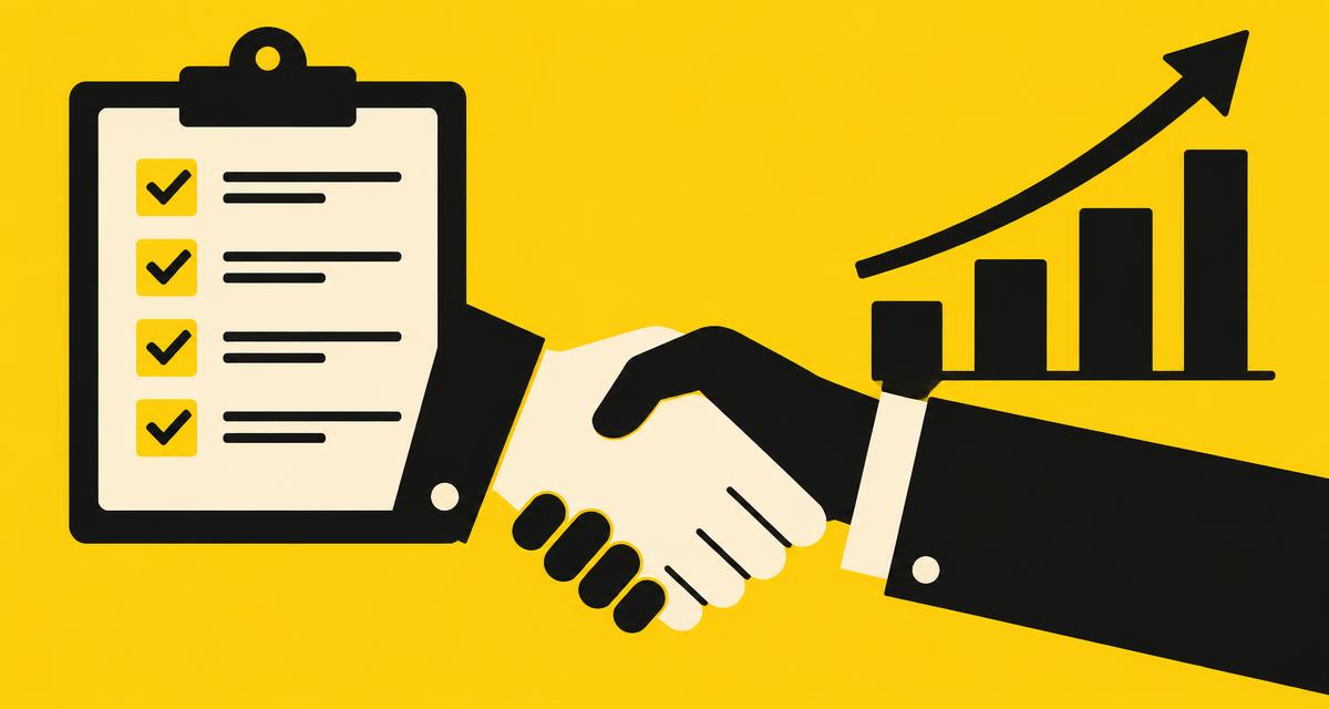 Illustration of a checklist, a handshake and a rising growth chart