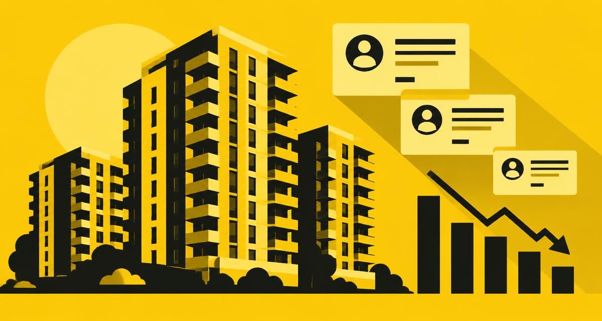 Illustration of apartment towers with lead cards and a falling cost-per-lead chart